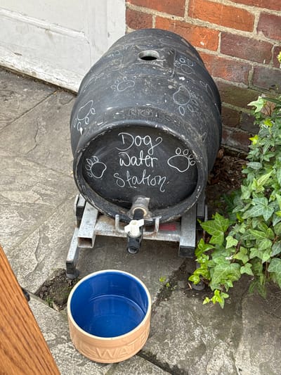 An outdoor dog water station is depicted in Guildford, United Kingdom. A horizontal, dark grey plastic barrel, inscribed with "Dog Water Station" in white script and adorned with multiple white paw print outlines, rests on a grey metal stand. A white plastic spigot is installed at the barrel's lower front. Directly beneath the spigot, an empty beige ceramic dog bowl with a blue interior and embossed "WATER" text is situated on the irregular stone paving. The background features a white weathered wooden door or frame on the left and a red-brick wall partially covered by green ivy on the right. A section of a light-brown wooden surface is visible in the lower left foreground.