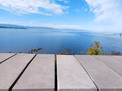 A landscape photograph captured in Puerto Montt, Chile, shows a body of water receding into the distance, framed by a bright blue sky dotted with clouds. A chain of mountains is seen on the horizon. In the foreground, stone or concrete planks form a platform, likely a boardwalk or viewing area. A few small plants are growing in the area between the platform and the water's edge.