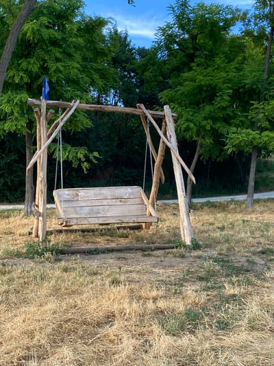 A rustic wooden swing set stands in a grassy, dry field with scattered trees and a blue sky overhead. The swing itself is made of several rough-hewn wooden planks and hangs from metal chains attached to a wooden frame. A small blue flag with yellow stars, possibly the European Union flag, is attached to the frame. The ground is covered in dry, straw-like grass, with some green shoots emerging. In the background, a path or road is visible, bordered by more trees. The overall scene suggests an outdoor, possibly rural, setting in Horești, Moldova. There are no people visible in the image.