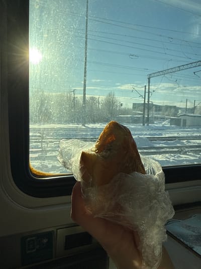 The image depicts a scene observed from inside a train window during daylight in Volkhov, Russia, on a snowy winter day. In the foreground, a bare hand, positioned in the lower right, firmly holds a partially consumed, triangular-shaped pastry. The pastry, light brown with a visible filling, is encased within a clear, crumpled plastic bag. The train window, visible from the mid-left to the upper right, appears smudged or covered in fine debris, through which a bright sunburst is visible on the upper left side.

Outside the window, the ground is covered uniformly in white snow. Multiple parallel railway tracks are visible in the mid-distance, extending horizontally across the frame. Above the tracks, a complex network of overhead power lines and tall support poles for railway electrification systems are prominent against a clear, light blue sky with sparse white clouds. In the background, snow-dusted trees without foliage line the horizon, and indistinct low-rise buildings or structures can be seen further in the distance on the right. The overall lighting suggests a bright, sunny environment, with long shadows visible on the snowy ground.