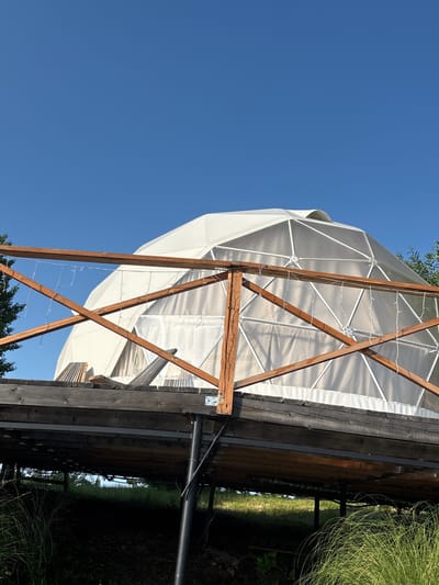 The image shows a geodesic dome structure with a translucent outer layer, partially obscured by a wooden deck in the foreground. The deck has a wooden railing with string lights attached. The geodesic dome is white and appears to be made of panels connected by a framework. The sky above is a clear blue. The setting appears to be outdoors, possibly in a rural or recreational area, given the presence of tall grass and trees. The image does not provide information about the city of Раздольное, Russia.