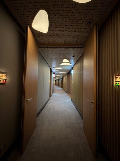The image shows a hallway in a building, possibly a hotel, with a narrow perspective. The walls are decorated with perforated panels and illuminated with teardrop-shaped lights. The hallway is lined with wooden doors, each displaying a room number. The room numbers visible are "313" and "3135". The ceiling is constructed with parallel wooden planks. The image does not contain any identifiable people or actions. There is no information available to determine the location is in Озёрное, Russia.