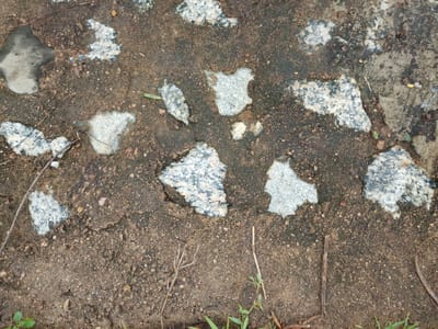 The image depicts a close-up, overhead view of a textured, rocky ground surface. The ground is a mixture of dark, damp soil and small pebbles, interspersed with larger, irregular pieces of light-colored, speckled stone. Some of the stones appear to be embedded in the ground, while others are loose. There are also some areas of lighter, smoother, wet-looking patches that suggest recent rainfall or standing water. A few thin, dry twigs and some sparse green vegetation are visible on the surface. The overall impression is of an unpaved or partially paved outdoor area, possibly a path or natural ground in a rural or semi-urban setting within Jauro Garmaho, Nigeria. No people or specific activities are depicted.