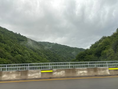 This is a photograph taken from a vehicle moving on a highway in Tsakva, Georgia. The image captures a view of lush green forested mountains under a cloudy sky. In the foreground, there is a concrete barrier with yellow reflective markers, a metal guardrail, and a wet asphalt road with a yellow line. The mountains are covered in dense vegetation, with some patches of mist visible among the trees, suggesting a humid or rainy atmosphere. The overall scene is dominated by the natural landscape and the infrastructure of the highway. There are no people or animals visible in the image.
