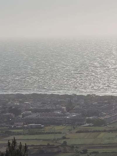 The image shows a view of the sea and the coastline of Esposende, Portugal. The sea, occupying the majority of the left side of the frame, is textured by the sun, which gives it a shimmering appearance. The coastline is on the right side of the image and appears hazy due to the atmospheric conditions. Buildings and trees are visible along the coastline, suggesting an urban or suburban setting. The terrain appears somewhat hilly. In the bottom right corner is a dark object that could be a tree or bush. The weather appears to be overcast or misty, creating a somewhat soft and diffused light.