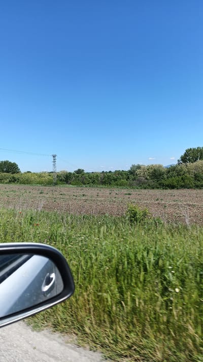 The image depicts a rural landscape in Boliartsi, Bulgaria, taken from a moving vehicle. In the foreground, a car's side mirror is partially visible. Beyond this, tall green grasses line the roadside. A plowed field stretches towards a line of trees and bushes along the horizon. An electrical transmission tower stands in the middle ground. The sky is clear and blue. No people or animals are visible.
