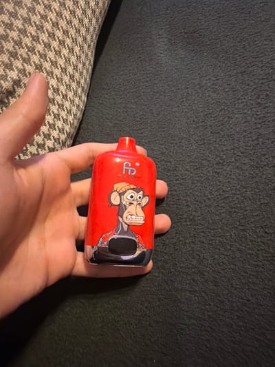 A right human hand holds a red, rectangular vape device, approximately 10-12 cm in length. The device features "fb" and "PUKOT" in blue lettering, and an illustration of a Bored Ape Yacht Club NFT character—a brown primate with a yellow beanie and a blue and red patterned shirt. It has a black rectangular window above a silver base and an integrated red mouthpiece. The background consists of dark, textured upholstery, with a light grey and white patterned cushion visible in the upper left. The scene is located in Tuttlingen, Germany.