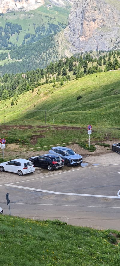 The image shows a scenic mountain landscape in Sëlva - Wolkenstein - Selva di Val Gardena, Italy. The foreground features a paved road with white markings and a grassy embankment dotted with small yellow wildflowers. Several cars are parked on the side of the road: a white Volkswagen Golf, a black Mercedes-Benz GLA, and a light blue SUV. There are two traffic signs with red circles and a diagonal red bar on a white background, indicating parking restrictions. In the midground, a sloping green meadow transitions into a dense forest of evergreen trees that covers the lower part of the mountainside. The background is dominated by a large, rocky mountain face with patches of vegetation and a winding road visible in the distance. The overall impression is a clear day with bright sunlight casting shadows on the terrain.