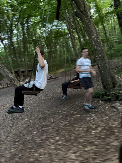 The image depicts a group of individuals on swings in a forest. The perspective is low and wide-angle, creating a distorted effect, especially on the ground.

In the foreground, on the left, a person is seated on a wooden swing, their body blurred by motion. They are wearing a white t-shirt, black pants, and black sneakers with white socks. Their left hand is visible, gripping the swing's chain.

Further back and to the right, another wooden swing is occupied by two individuals. One, in the foreground of this swing, is wearing a black t-shirt and black pants, and appears to be holding a phone. The other, behind them, is visible only as a blur.

In the background, a third individual is standing, blurred by motion, wearing a white t-shirt with blue stripes and dark shorts. They are positioned to the right of the swings.

The environment is a dense forest with tall trees and lush green foliage creating a canopy overhead. The ground is covered with dirt, leaves, and small stones, also distorted by the wide-angle lens and motion. Some wooden structures are faintly visible in the background, suggesting a park or recreational area within the forest.

The overall impression is one of dynamic movement and outdoor activity in a natural setting. There is no specific indication of the city of Kichevo, Bulgaria, in the image itself.
