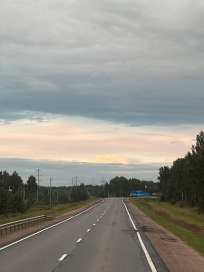 The image depicts a rural highway in Goriushki, Russia, under a cloudy sky with pastel hues near the horizon. A two-lane asphalt road stretches into the distance, marked with dashed white lines. To the left, a metal guardrail runs alongside the road, bordering a grassy embankment. Beyond the embankment, dense green trees line the horizon, interspersed with power lines and utility poles. On the right side of the road, a grassy verge slopes down from the pavement, transitioning into a dirt shoulder and then more trees. In the distance, blue shipping containers and a yellow truck are visible. The overall scene is one of a quiet, overcast day on a country road.