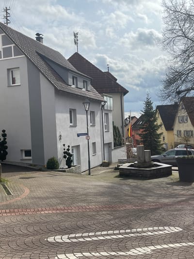 This image depicts a residential street scene in Hardthausen am Kocher, Germany, specifically looking towards Brunnenstraße 4 and the surrounding area.
The foreground features a paved surface composed of interlocking pavers, primarily in shades of reddish-brown and grey-brown, arranged in a repeating pattern. White, curved pedestrian markings are visible on this surface, along with a narrow strip of red brick pavers. To the far left, a metal grate drain is visible within the paving.
On the left side of the frame, a prominent two-story residential building, light grey in color with a dark brown tiled gabled roof, occupies the mid-ground. This building features multiple rectangular windows with white frames. A small dark grey dormer is present on the roof. Near the main entrance, a black house number "2" is affixed to the wall. Adjacent to the building, a street lamp with a black post and a multi-pane lantern head stands. Below the lamp, a blue street sign with white text "Brunnenstraße" and a red circular sign with a diagonal white bar are attached. A topiary shrub, shaped in a spiral, is planted in a grey planter near the building entrance, with a smaller green shrub next to it. Another similar topiary is visible further left.
Behind the initial grey building, another light-colored residential structure with a gabled roof and a balcony with glass railings is partially visible. Further back and to the right, additional residential buildings with varying rooflines and wall colors (some yellow, some with reddish-brown tiled roofs) are present. A German flag (black, red, gold) flies from a pole in the mid-ground, positioned between buildings. An evergreen conifer tree stands vertically to the right of the flag.
In the center-right of the image, a square-shaped stone fountain with a central vertical stone column structure is situated in a small paved area. No water is visible. A light-colored SUV is parked on the street further down, behind the fountain area. To the far right, a large, dark grey planter pot is visible, and the branches of a bare deciduous tree extend into the upper right corner of the frame. On the roof of a more distant building, a weather vane is visible, and on the roof of a building closer to the left, a multi-horn siren system is mounted. Overcast sky with scattered white clouds is visible in the background. No individuals are present in the scene.