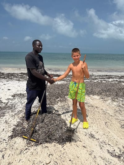 The image depicts two males, an adult and a child, shaking hands on a sandy beach on Zanzibar Island, Tanzania. The adult male, positioned on the left, has dark skin, short dark hair, and wears a dark short-sleeved t-shirt with a visible graphic and dark long pants. He holds a T-shaped metal rake with a wooden handle in his left hand, resting it on a mound of dark seaweed. The young male, positioned on the right, has lighter skin, short light hair, and is shirtless, wearing green patterned swim shorts and bright yellow Crocs sandals. He holds a fan-shaped metal leaf rake with a wooden handle in his right hand, resting it on the sand. Both individuals are looking towards the camera; the child exhibits a faint smile. The immediate foreground and midground consist of white sand densely covered with dark, dried seaweed and sea grass, accumulated in scattered piles. Behind the individuals, the turquoise ocean is visible, extending to the horizon under a light blue sky with scattered white clouds. The scene is illuminated by bright daylight.