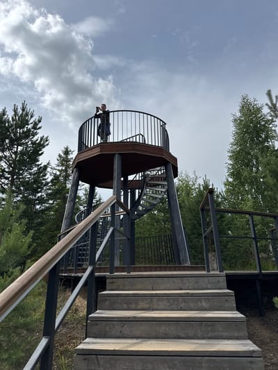 A person stands on a circular observation deck atop a tower, holding a phone to take a picture. The tower has a spiral staircase and wooden stairs leading up to it. It is surrounded by a forest of pine and birch trees under a cloudy sky. The location is the observation tower in the city of Peski, Russia.