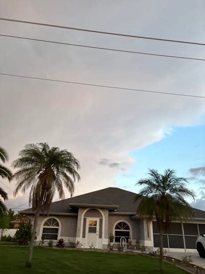 In the city of South Venice, United States of America, a single-story house with a grey exterior and a dark grey roof is visible. The house features arched windows and a white front door. Two palm trees stand in front of the house, with one on the left and another on the right. The sky above is filled with clouds, with a patch of blue sky visible on the right side. Power lines are strung across the top of the image. The lawn in front of the house is green and well-maintained.