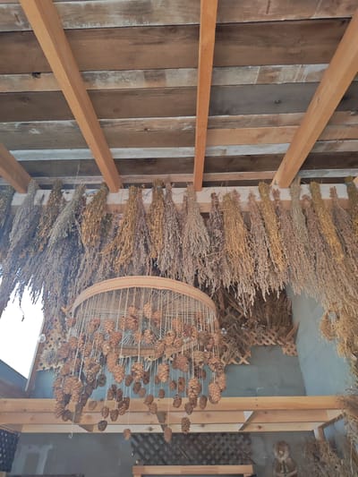 The image depicts an interior scene with a rustic wooden ceiling and exposed beams. Hanging from the ceiling are numerous bunches of dried herbs or grasses, tied together with twine and suspended at varying heights. In the center of the frame, a decorative mobile made of twine and pinecones hangs prominently. The pinecones are suspended at different lengths, creating a cascading effect. To the right of the pinecone mobile, a decorative lattice structure is visible on the wall. In the lower portion of the image, additional dried plant material is present, and a small stuffed animal is visible on a shelf. The overall impression is one of a folk or artisanal aesthetic, possibly a shop or a workshop. The location is identified as Mokhovichki, Russia. There are no people visible in the image.
