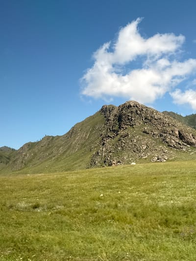 The image depicts a scenic view of rolling green hills and rugged mountains under a clear blue sky with scattered white clouds. The foreground is a vast expanse of lush green grass, dotted with small white flowers. In the midground, a prominent, rocky mountain rises steeply, its slopes partially covered in green vegetation. A few sparse trees are visible on the distant mountain ridges. There are no people or animals clearly discernible in the image. The overall impression is one of a tranquil, natural landscape, likely in a rural or mountainous region. The description of the location being in Tuekta, Russia, provides geographical context.