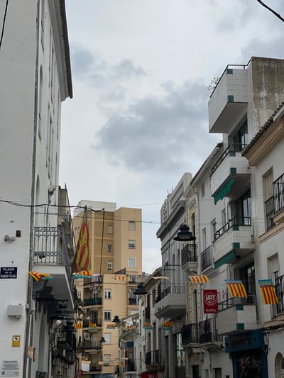 The image depicts a street scene from Plaza del Dr. Ramón y Cajal in Buñol, Spain, under an overcast sky. The view looks down a street flanked by multi-story buildings.
On the left, a tall, white building with a classical facade features several arched indentations and a prominent cornice. Below, a gray-painted metal balcony with intricate railings extends from an upper floor. A white street sign on this building reads "PLAZA DEL DR. RAMONYCAJAL". Below it, a smaller black and yellow sign with a padlock icon is visible.
On the right, a sequence of multi-story buildings features white facades, some adorned with balconies featuring black metal railings and teal-colored tiled accents. One building displays a dark green retractable awning above a balcony. Further down, a red banner with "UGT BUÑOL" in white text is affixed to a building. Overhead, ornate black street lamps are suspended, and electrical cables crisscross between structures.
Numerous Valencian flags, characterized by red and yellow stripes with a blue stripe and crown, are strung horizontally across the street at varying heights, indicating a festive or celebratory atmosphere. A taller, light-tan building with multiple windows is visible in the mid-ground, further down the street. No individuals are prominently visible. The sky is largely covered with gray clouds.