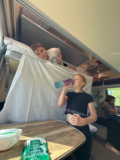 The image depicts a casual scene inside a train's sleeping compartment, suggesting a journey through Russia, likely near Okulovka, given the specific location context and visible Cyrillic text. The bright lighting indicates it is daytime, with sunlight streaming through the windows.

In the foreground, two young girls are relaxing in bunk beds. One girl with reddish-blonde hair, wearing a black t-shirt with "MOTO" printed on it, is lying on her back. She is actively drinking from a blue and purple water bottle. Next to her, another girl with blonde hair, dressed in a white t-shirt, lies on a lower bunk or adjacent bed, looking directly at the camera with a calm expression. Both girls are settled on beds covered with white sheets and pillows.

In the mid-ground, an adult woman in a leopard-print top is seated by a window, her back mostly to the camera. She appears to be looking out at the passing landscape, which shows vibrant green foliage, indicating the train is moving through a natural, possibly rural, area.

A small, wooden-patterned table is visible in the lower right portion of the image. On the table are several items, including a crumpled green package with partially visible Cyrillic text suggesting it is "СЫР СУЛУГУНИ" (Suluguni Cheese) by "ФОРМАН" (Forman), and a white package with "ЕЛЛИПСО" (ELLIPSO) and "Салфетки влажные" (Wet wipes) printed on it. Above the bunks, other luggage or storage compartments are visible. The overall scene conveys a relaxed and comfortable travel experience.