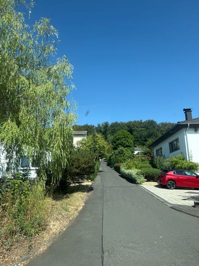 The image depicts a residential street in Liederbach, Germany, on a clear, sunny day. The street is paved and slopes upwards, flanked by houses and lush greenery. On the left, a white house is partially visible, with a large weeping willow tree in the foreground casting shadows. The right side of the street features another white house with a dark roof and chimney, a driveway paved with stone tiles, and a red hatchback car parked on the driveway. The background is dominated by a dense, green treeline on a hillside. The overall impression is a quiet, suburban neighborhood.