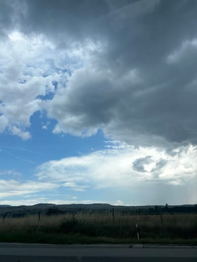 This image, captured in Dinkata, Bulgaria, depicts a rural landscape under a dynamic sky. The upper portion of the frame is dominated by cloud formations, with the left side featuring clear blue sky interspersed with white cumulus clouds, while the right side transitions into heavy, dark grey storm clouds with visible precipitation curtains extending towards the horizon. A distant line of undulating hills, covered in dark, dense vegetation, stretches across the middle ground. Below the hills, a field of tall, dry, yellowish-brown grass is visible, traversed by a simple fence composed of dark posts and thin wires. The immediate foreground shows a dark asphalt road surface, with a segment of a white and red reflective road marker positioned on its right edge. No human figures, animals, or vehicles are present. The scene is illuminated by daylight, suggesting a weather system actively moving through the area.