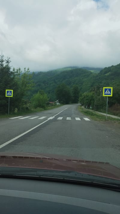 Captured from inside a vehicle, the image shows a road ascending a hill in Rakhiv, Ukraine. A single white line divides the gray asphalt road, with a pedestrian crosswalk marked by white rectangles along the roadside. Two yellow pedestrian crossing signs, one at the bottom and one at the top of the frame, are visible on the sides of the road. Lush green vegetation covers the hills in the background, shrouded partially in low-lying clouds. The car's interior elements, including the dashboard, are partially visible in the foreground.