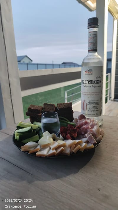 The image shows a table setting with a bottle of vodka and a plate of food. The bottle of vodka is on the right side of the image and has a label that reads "Архангельская Северная выдержка". The plate in front of the bottle contains several items, including sliced cucumbers, green onions, chopped dried tomatoes, raw meat, and slices of smoked meat or lard. There are also several slices of dark bread stacked in the background of the plate. A small glass filled with a clear liquid is placed in the center of the plate. The table appears to be made of wood. In the background, there is a fence and some houses, suggesting an outdoor setting. The bottom of the image contains a timestamp and location: "2026/07/24 20:24" and "Становое, Россия" (Stanovoe, Russia). The overall scene appears to be a simple meal or snack enjoyed outdoors in the evening.