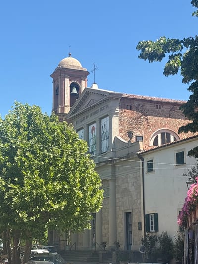 This image captures a view of a church in Lajatico, Italy, under a clear blue sky, suggesting daytime with fair weather. The church features a rustic brick facade on its left side, with a round arched window and smaller rectangular vents. Adjacent to it, a section of the church is plastered in a light color, with green shutters on its windows and decorative pink flowers cascading from above.

A prominent bell tower with a domed top rises towards the sky, housing a bell. Crosses are visible at the top of the bell tower and on its spire. The church's entrance is adorned with classical architectural elements, including a pediment and columns. Above the entrance, there appear to be stained-glass windows depicting religious figures.

In the foreground, a large, leafy green tree partially obscures the view of the church. The image is oriented vertically, as if the photographer was looking upwards.

Visible text on the church facade reads: "POSTI SVILUPPO LEONARDO DA VINCI".