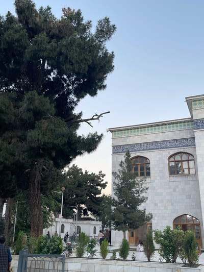 The image depicts a building with an ornate facade, possibly a mosque or a religious structure, in Kabul, Afghanistan. The building is clad in light-colored tiles and features decorative elements along the top, including blue calligraphy and geometric patterns in blue and yellow. Several arched windows with wooden frames are visible on the building's exterior.

In the foreground and mid-ground, lush green trees, including large pine trees with dense foliage, dominate the scene, partially obscuring the building. A few individuals are visible near the building and among the trees, some appearing to be seated or walking. The attire of some individuals suggests a religious or traditional context.

The scene appears to be set outdoors, likely during daylight hours given the clear sky and the illumination of the building and trees. The overall mood is serene and perhaps contemplative, with the natural elements creating a tranquil atmosphere around the architectural structure. The image is oriented vertically, with the sky occupying the upper portion and the building and trees extending from the bottom upwards. No discernible text is visible in the image, other than the calligraphy on the building's facade which is not legible.