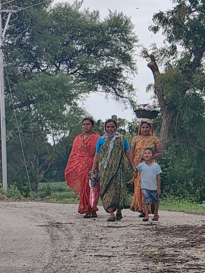 In Walsawangi, India, three women and a young boy walk on a dirt road lined with trees. The woman on the left wears a red and white patterned sari, holding a folded umbrella. The middle woman is dressed in a green and brown patterned sari and has a light blue scarf around her head. The woman on the right wears a yellow sari with an orange floral pattern and carries a basket of items on her head. The young boy, wearing a light blue t-shirt and denim shorts, walks beside her, mouth open as if speaking. The road is wet and covered with small yellow flowers and dark debris. A utility pole stands to the left of the scene, and lush green trees and foliage surround the road. The sky is overcast.