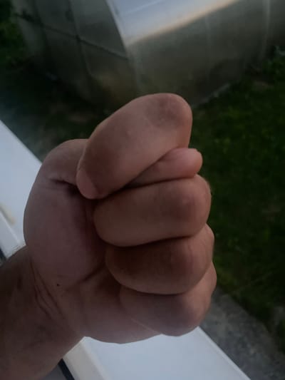 The image shows a close-up of a human hand clenched into a fist, with the fingers curled inward. The skin tone is fair, and there are visible creases and folds on the knuckles and palm. The background is out of focus, suggesting it is either outdoors or near a window, with hints of green foliage and a light-colored structure, possibly a greenhouse or a shed, visible in the dim light. The lighting appears to be natural and subdued, possibly from dusk or overcast conditions. The location is specified as Турынскі сельскі Савет, Belarus.
