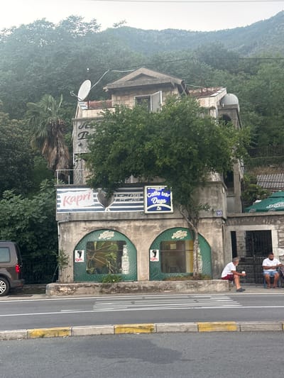 In Jošice, Montenegro, a two-story building with a rough, weathered facade stands at the foot of a steep, tree-covered hill. The building appears to house a cafe or bar, indicated by signage that includes "Kapri" and "Caffe bar Duga." The lower level features two arched window openings, one displaying an image of tropical plants and a bottle, the other a coffee cup icon. A mature tree grows in front of the cafe, its branches reaching towards the upper story. Above the cafe, a balcony with a railing is visible, and further up the building, a satellite dish is mounted. Two men are seated on a curb in front of the building; one is an elderly man with white hair and a beard, wearing a white t-shirt and red shorts, holding a white cup. The other man, with darker hair and a beard, wears a white t-shirt and blue shorts, and is also holding a phone or small object. A crosswalk is present on the asphalt road in front of the building, with yellow and white lines marking its edges. A dark-colored van is parked to the left of the frame. The environment is lush and green, with dense vegetation covering the hillside behind the building. The sky is overcast, suggesting a cloudy day.