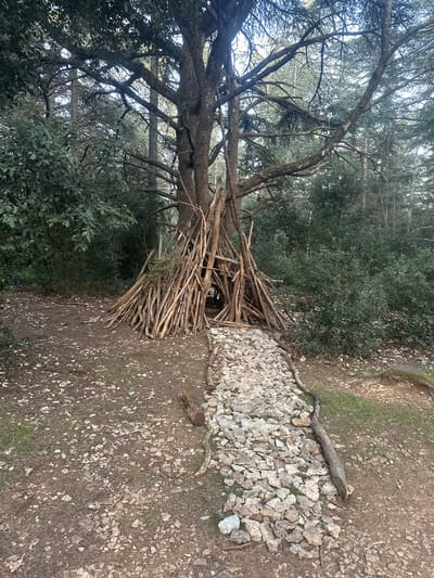 The image depicts a woodland scene. A rudimentary shelter has been constructed from branches, leaning against a tree. Beside the shelter, a path or clearing is marked by an arrangement of light-colored stones. The ground is covered with small stones and leaf litter. The scene suggests a natural, possibly recreational setting. Based on the location of Bonnieux, France, it is likely in the countryside, perhaps a park or wooded area, but the image itself doesn't provide enough detail to confirm this. There is no indication of human presence.