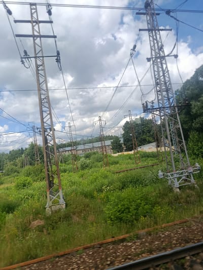 The image captures an outdoor scene with a cloudy sky and lush green vegetation. The foreground shows railway tracks, and beyond that, a field of tall grass and trees. Several tall metal electricity pylons are prominent throughout the scene, supporting numerous overhead wires. In the middle ground, a long, low building with a light-colored facade is visible, situated behind some of the pylons. The overall impression is one of an industrial or power infrastructure area located in a natural setting. The image appears to have been taken from a moving vehicle, likely a train, due to the motion blur, particularly noticeable on the tracks and in the vegetation. The location is identified as Транспортник Снт (фрязево), Russia, suggesting a rural or semi-rural industrial area.