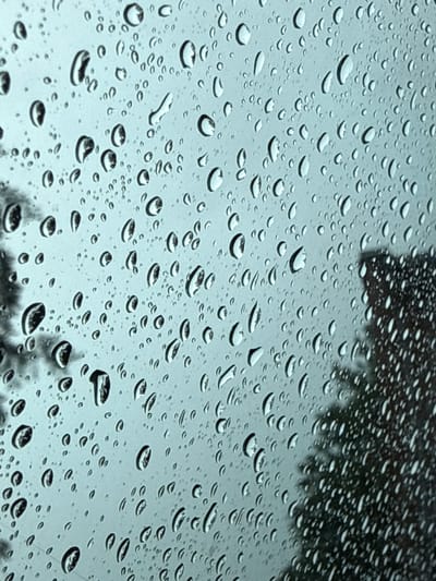 The image shows raindrops on a window. The raindrops are of various sizes and shapes, and they create a textured surface on the glass. The background is out of focus and appears to be a blurry view of trees and possibly a building, suggesting an outdoor scene viewed from inside. The lighting is overcast, consistent with rainy weather. The image does not contain any people or specific objects that would indicate a particular location in Biržai, Lithuania.