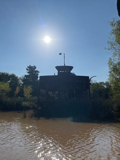 The image captures a dilapidated, multi-level structure, possibly a ship or industrial building, overgrown with vegetation and silhouetted against a bright sun and clear blue sky. The structure appears to be rusty and in a state of decay. To the right, there is a body of water reflecting sunlight. The surrounding environment consists of dense trees and foliage, characteristic of a riverside location. Based on the prompt, this scene is likely located in San Fernando, Argentina. There are no people visible in the image.