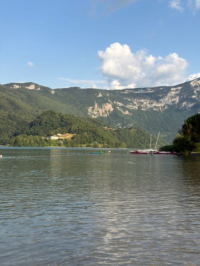 This landscape photograph depicts a serene lake scene with a mountainous backdrop. The image is oriented vertically, presenting a sweeping view from the lake's surface to the distant peaks.
The foreground is dominated by the rippling surface of a lake, its water reflecting the sky and surrounding landscape in muted tones. A line of buoys, spaced evenly, demarcates an area on the water. Several small human figures are visible in the water within this marked zone, suggesting a recreational area. Further from the shore, a few people are gathered on a dock or near boats. Several boats, including a larger white sailboat with its mast lowered, are moored along the shore.
In the middle ground, a lush green mountainside rises steeply, densely covered with trees. The vegetation appears healthy and vibrant, indicating a warm season. On the lower part of the mountain slope, a cluster of buildings can be seen, possibly a small village or a resort, nestled among the trees.
The background features the imposing presence of a large mountain range. The upper slopes of these mountains are characterized by exposed rock faces and sparser vegetation, contrasting with the forested lower slopes. The sky above is a clear blue, with a few scattered white clouds, suggesting fair weather. The lighting and the quality of the light indicate it is likely daytime, possibly late morning or early afternoon, given the brightness.
The overall mood of the image is peaceful and inviting, showcasing the natural beauty of the location and the recreational activities taking place on the lake. The scene evokes a sense of tranquility and outdoor enjoyment. There is no visible text in the image. The location context provided is Novalaise, France, which aligns with the mountainous lake scenery.