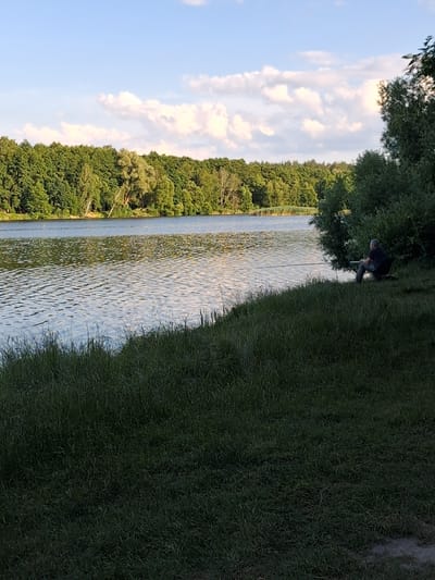A person is fishing on the bank of a lake. The person is sitting on a dark-colored seat, holding a fishing rod that extends into the water. The lake is calm with gentle ripples reflecting the sky. A dense forest lines the opposite bank of the lake, with lush green trees stretching as far as the eye can see. The sky is a clear blue with scattered white clouds. The overall scene suggests a peaceful afternoon in a natural setting. It is difficult to determine the exact time of day, but the lighting suggests it is daytime. There is no visible text in the image.