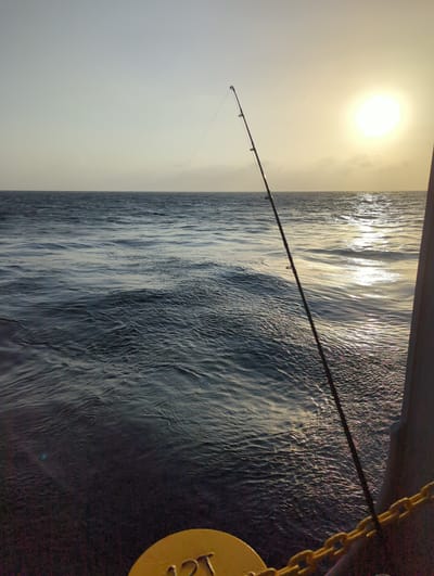 A fishing rod is angled over dark blue ocean water under a bright, hazy sun at sunset. The sun is a large, white orb in the upper right quadrant of the image, casting a shimmering reflection on the rippling surface of the water. The horizon line is sharp and straight, dividing the water from a pale, overcast sky. The fishing rod, dark and thin, extends from the lower right towards the upper center of the frame, with a single fishing line stretching tautly towards the sky. In the lower right foreground, part of a yellow chain and a yellow cylindrical object with lettering are visible, suggesting a boat or dock. The scene evokes a sense of calm and solitude, typical of a fishing excursion off the coast of Ussangoda, Sri Lanka.
