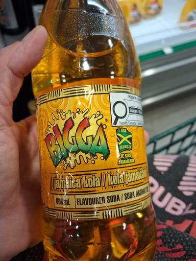 A person's hand holds a clear plastic bottle of bright orange-yellow soda. The bottle has a vibrant yellow label with a rainbow-colored logo that says "Tinga." The label also features the text "Jamaica Cola / Kola Jamaica," "600 mL FLAVOURED SODA / SODA AROMATISE," and "JE SUIS JAMAÏCAIN." To the left of the logo, there is a small square with a green and yellow Jamaican flag and text that says "I AM JAMAICAN." Another section of the label includes a magnifying glass icon and text related to Health Canada. In the background, out of focus, are shopping carts in what appears to be a grocery store or convenience store aisle. The lighting suggests an indoor setting during the daytime.