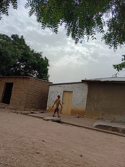 The scene is in Nata-Ala, Nigeria. A dirt path runs between two buildings, one with a corrugated metal roof and a smaller one with a visible opening, possibly a doorway. A young person is walking along the path. Trees are visible in the background, and the sky is overcast.