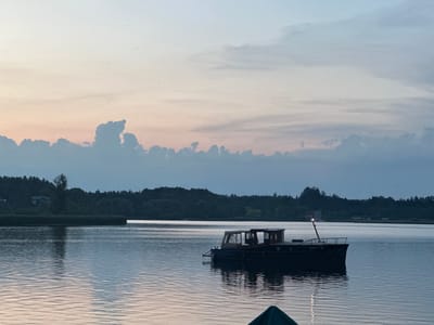 The image depicts a tranquil lake scene at dusk, with a small boat moored in the foreground. The sky displays a gradient of soft pastel colors, transitioning from light pink and orange near the horizon to a pale blue and grey overhead, with scattered clouds. The lake's surface is calm, reflecting the subtle hues of the sky and creating gentle ripples.
In the middle ground, a dark-colored boat with a covered cabin is anchored. The boat appears to be of modest size, with a dark hull and a lighter-colored canopy over the seating area. A single light is visible on a mast at the stern of the boat, emitting a soft glow.
The background is dominated by a dense line of dark green trees that form the shoreline, suggesting a wooded area. In the distance, across the lake, houses and buildings are visible, nestled among the trees, indicating a settled area. A small white sailboat is also visible in the distance, adding to the peaceful atmosphere. The overall impression is one of serenity and quietude. The image was captured in the vicinity of the town of Rimsting, Germany, known for its picturesque lake landscapes.