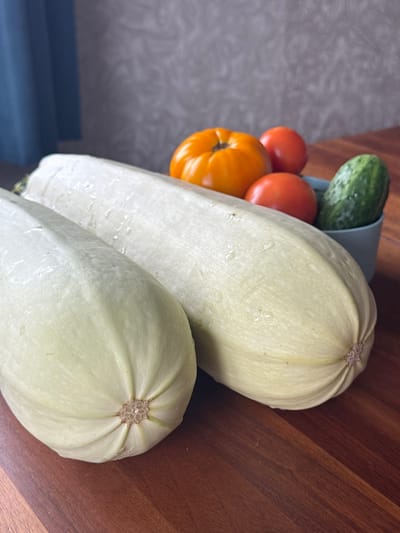 In an indoor setting, likely a kitchen, on a wooden table, two large pale green zucchinis are prominently displayed in the foreground. The zucchini on the left is closer to the viewer and takes up the lower left quadrant of the image. The second zucchini is positioned behind and to the right of the first, its form partially obscured. Both zucchinis appear to be wet, with visible water droplets on their surfaces.

In the background, a light blue bowl contains a mix of vegetables: a bright orange tomato, two red tomatoes, and a green cucumber. The bowl is positioned on the wooden table behind the zucchinis, to the right of center.

Further in the background, a dark blue curtain hangs on the left side of the image, and a textured gray wall is visible behind the bowl of vegetables. The lighting suggests a soft, natural light source, possibly from a window. The overall scene depicts fresh produce arranged for a photograph. The context of the city of Птицевод-2 Снт, Russia is not visually discernible from the image content.