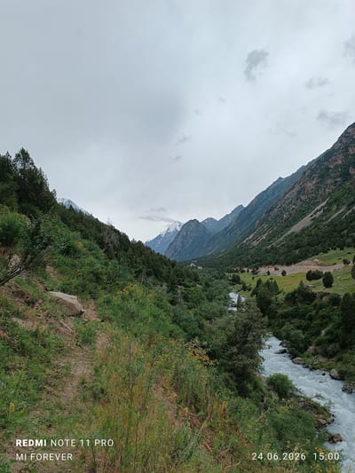 This is a vertical, eye-level shot of a lush mountain valley in Chunkurchak, Kyrgyzstan. The scene is dominated by steep, verdant mountainsides covered in dense coniferous trees and other vegetation. A fast-flowing, milky-blue river snakes through the valley floor, its banks lined with more trees and rocks. The sky is overcast with scattered clouds, suggesting a cool, perhaps humid day. The time of day appears to be around late afternoon, as indicated by the timestamp in the lower right corner. The overall mood is one of natural beauty and tranquility, with the grandeur of the mountains and the power of the river creating a sense of awe.

Visible text in the lower left corner reads: "REDMI NOTE 11 PRO MI FOREVER". The lower right corner displays a timestamp: "24.06.2026 15:00". There are no people or discernible objects other than the natural elements of the landscape and the implied presence of the photographer.