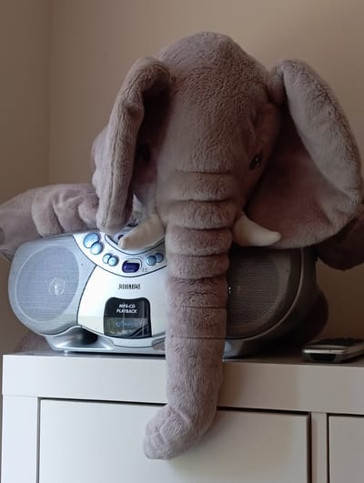 An indoor, eye-level, medium shot shows a stuffed elephant lying on top of a silver Philips portable CD player, which is resting on a white dresser. The elephant is gray with floppy ears and a long trunk that drapes over the CD player and down the side of the dresser. The CD player has several blue buttons and a display screen that reads "MP3-CD PLAYBACK". To the right of the CD player, on the dresser, is a black remote control. The background is a plain, beige wall. The scene appears to be a domestic setting.