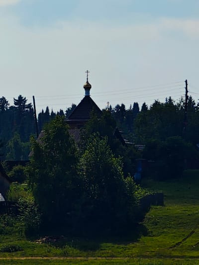 An outdoor, slightly elevated, medium-shot captures a church with a golden dome and a cross, rising above dense green trees. The church, partially obscured by foliage, has a dark, multi-faceted roof and appears to be a focal point of the scene. In the background, a pale blue sky is visible with faint horizontal lines that suggest power lines. The surrounding environment is lush with trees and vegetation, with a grassy area in the foreground. The overall impression is one of a serene, rural landscape. The image appears to be of the Church of the Ascension in Ust-Kem, Russia, based on contextual information not present in the image itself.