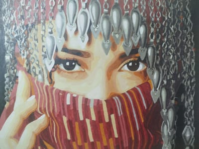 This is a close-up painting of a woman's eyes and the upper part of her face, covered by a red and yellow striped fabric and adorned with a headdress of silver chains and pendants. The woman is looking directly at the viewer. The style of the painting is realistic, with soft shading and defined lines. The headdress is intricate, featuring multiple rows of silver chains and teardrop-shaped pendants, suggesting a traditional or ceremonial attire. The fabric covering her lower face is a bold pattern of red, yellow, and white stripes. Her eyes are dark and expressive, with a hint of a smile suggested by the slight upturn of her lips visible beneath the fabric. The background is dark and indistinct, focusing all attention on the woman's face and adornments. The painting evokes a sense of mystery and cultural richness, possibly depicting a Turkmen woman from Mary City, Turkmenistan, given the context. There is no visible text in the image.