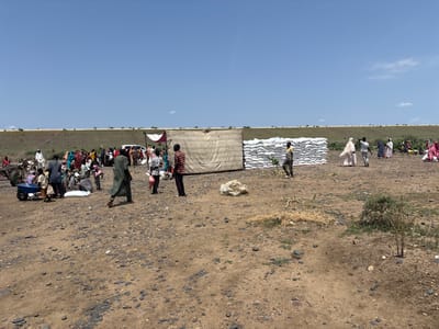 A group of people are gathered in a sparsely vegetated, arid landscape, likely Al Babali, Sudan. The scene appears to be an outdoor distribution point, possibly for aid. In the background, a large embankment or levee runs horizontally across the frame, topped with some greenery and dotted with distant figures.

Numerous individuals are spread across the dusty, rocky ground. Some are in small clusters, while others stand alone or in pairs. There is a sense of organized activity, with people appearing to receive or distribute goods. A large tent-like structure, made of a light-colored fabric, is erected in the middle ground, and a stack of white sacks, presumably containing provisions, is visible to its right. A blue wheelbarrow is near the left edge of the frame, next to a collection of people. Several vehicles are also present, including a white van or SUV partially visible behind the tent.

The sky is a clear, bright blue with a few wispy clouds, suggesting a sunny day. The overall impression is one of a functional, perhaps busy, distribution event taking place in an open, rural setting. The time of day appears to be mid-morning or early afternoon, given the bright sunlight and shadows. No text is visible in the image.