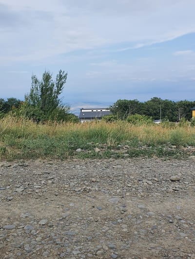 The image captures a rustic outdoor scene in Mukhatskaro, Georgia, featuring a rough, gravelly foreground that transitions into a grassy embankment. Beyond the embankment, a line of lush green trees forms a natural border. In the middle ground, a modern house with a dark roof is partially visible, nestled amongst the trees. Further in the background, a hazy landscape with distant structures suggests a valley or plains, under a pale blue sky with scattered clouds. The overall impression is one of a rural setting, possibly on the outskirts of a town, with a blend of natural and built environments.