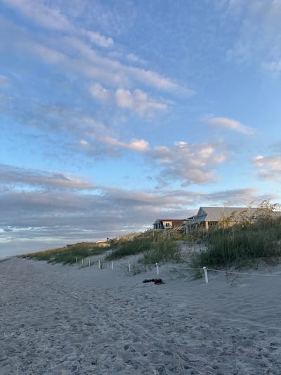 The image depicts a serene beach scene in Jacksonville Beach, United States of America. The foreground is dominated by a sandy beach with gentle tracks and a rope barrier demarcating the edge of the dune line. A pair of flip-flops rests on the sand near the rope. Behind the dune line, tall, wispy beach grass grows abundantly, obscuring much of the view. Several modern houses with metal roofs are visible nestled amongst the vegetation on the elevated dune. The sky above is a blend of clear blue and scattered white and gray clouds, suggesting either early morning or late afternoon. The overall impression is one of tranquility and natural beauty.