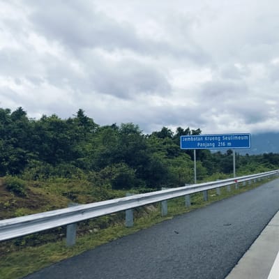 The image presents a roadside view from what appears to be a moving vehicle, likely in Seulimeum, Indonesia. The dominant features include a paved road, a metal guardrail, dense vegetation, a road sign, and an overcast sky.

In the foreground, a dark asphalt road curves gently to the left. Along the right edge of the road, a silver metal guardrail with white posts and small red reflectors extends into the distance. Beyond the guardrail, a verdant landscape of lush green trees and bushes covers a sloping terrain, suggesting a natural or forested area. The foliage is dense and varied, characteristic of a tropical environment.

Prominently positioned in the middle ground, amidst the greenery, is a rectangular blue road sign with white text. The text reads:
"Jembatan Krueng Seulimeum"
"Panjang 216 m"
This indicates that a bridge named "Jembatan Krueng Seulimeum" is ahead, and it has a length of 216 meters.

The sky above is heavily overcast with numerous light grey clouds, suggesting a cloudy day, possibly with recent rain or the likelihood of it. No direct sunlight is visible, creating a soft, diffused light over the scene. There are no people visible, and the overall impression is one of a peaceful, rural journey through a natural landscape. The image captures a serene moment of travel, highlighting the local geography and infrastructure.